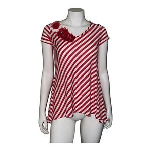 Monamie USA Red & White Striped T-Shirt Floral Embellishment Vintage Small EUC
